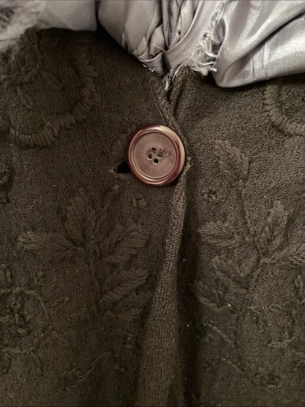 Peoria Emporium Black Wool Cardigan with Dusty Blue Ruffles
